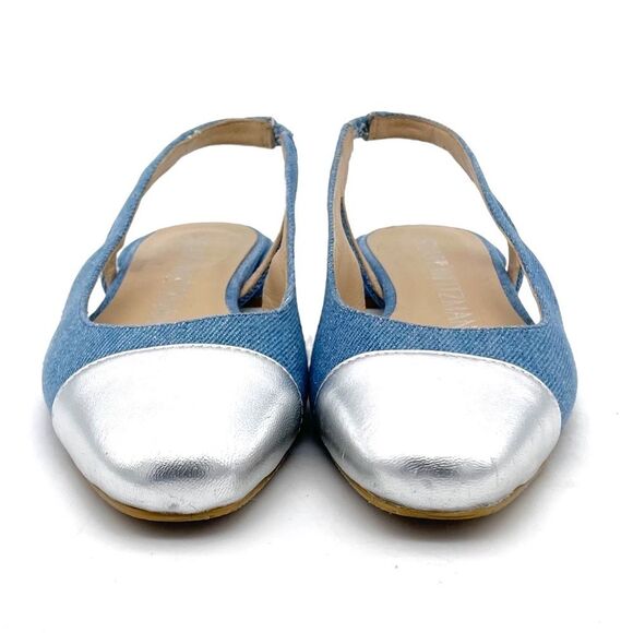 Stuart Weitzman Denim Pearl Slingback Flats Size 6 Silver Cap Toe Made in Spain - Picture 5 of 15